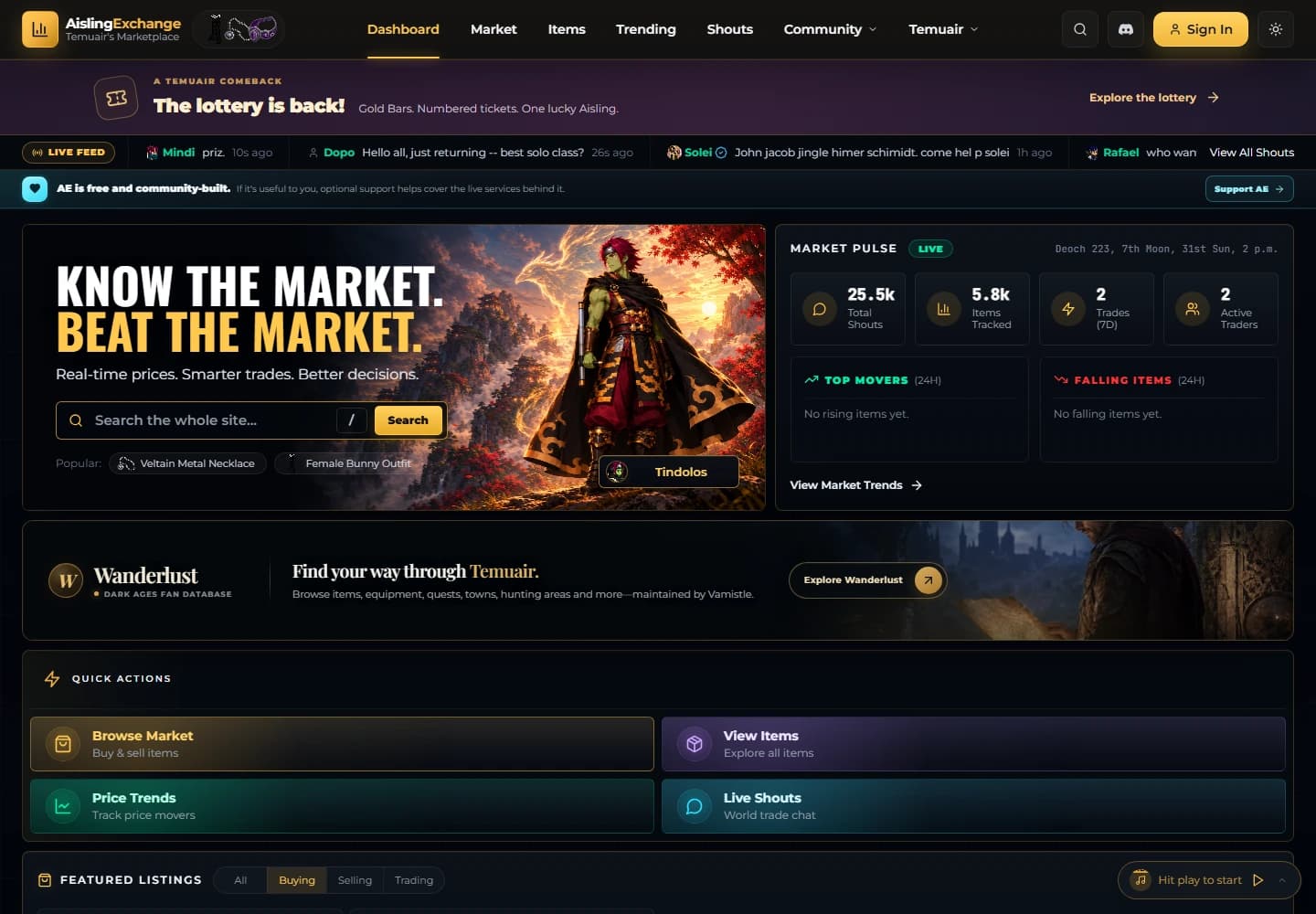 AislingExchange: marketplace dashboard captured on desktop